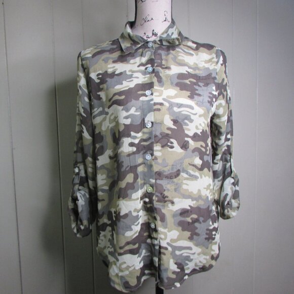 Living Doll Sheer Blouse Shirt M Button Up Camo Green Brown - Picture 2 of 12